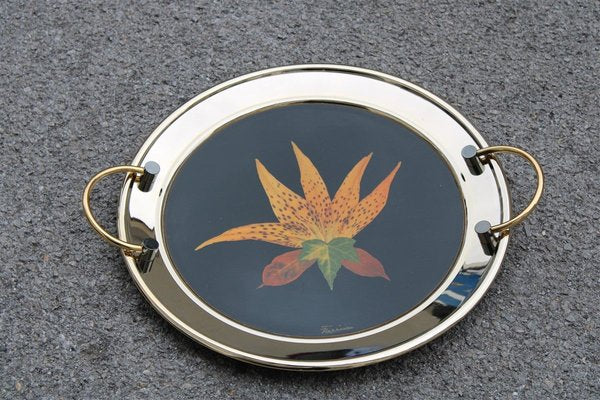 Brass Tray with Black Background and Leaves, 1970s-EH-807354