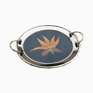 Brass Tray with Black Background and Leaves, 1970s-EH-807354