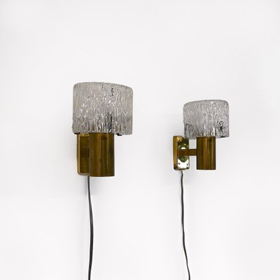 Brass Wall Lamps with Relief Crystal Glass Shades from Hags, 1960s, Set of 2-ZT-2041504