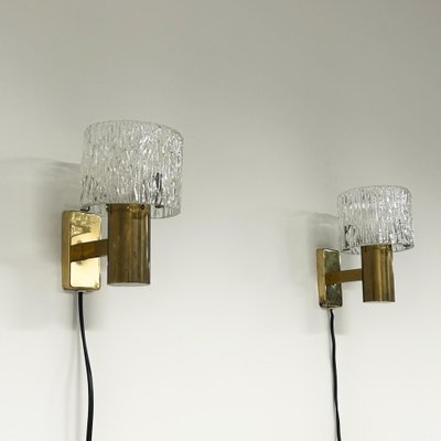 Brass Wall Lamps with Relief Crystal Glass Shades from Hags, 1960s, Set of 2-ZT-2041504