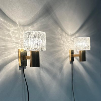 Brass Wall Lamps with Relief Crystal Glass Shades from Hags, 1960s, Set of 2-ZT-2041504