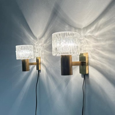 Brass Wall Lamps with Relief Crystal Glass Shades from Hags, 1960s, Set of 2-ZT-2041504