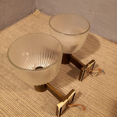 Brass Wall Lamps with Ribbed Glass from Fidenza Vetraria in the Style of Azucena, 1950s, Set of 2-OHK-992484