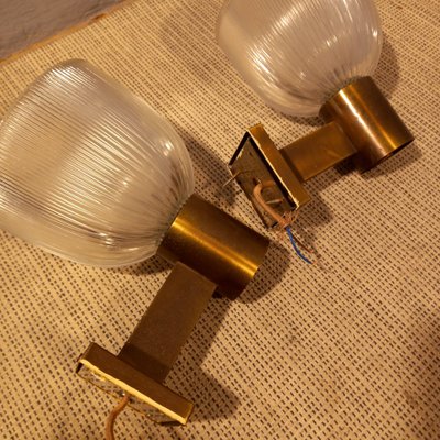 Brass Wall Lamps with Ribbed Glass from Fidenza Vetraria in the Style of Azucena, 1950s, Set of 2-OHK-992484