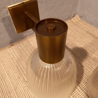 Brass Wall Lamps with Ribbed Glass from Fidenza Vetraria in the Style of Azucena, 1950s, Set of 2-OHK-992484