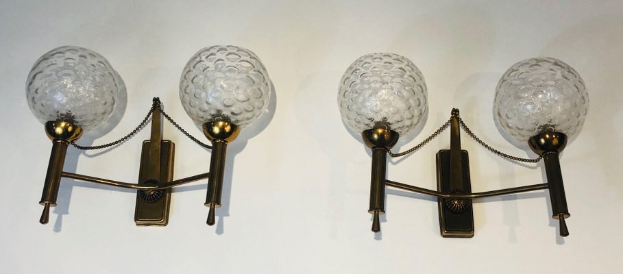 Brass Wall Lights with Glass Balls, 1970s, Set of 2-BA-1365864