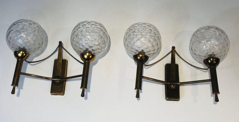 Brass Wall Lights with Glass Balls, 1970s, Set of 2-BA-1365864