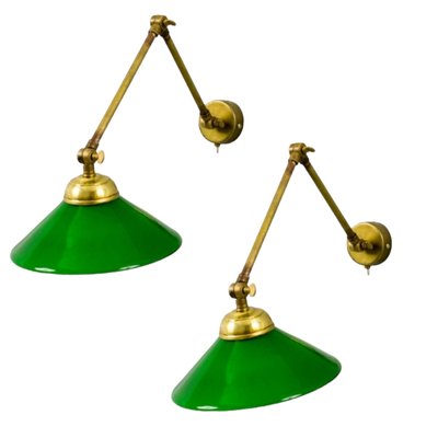 Brass Wall Lights with Green Glass Lampshades, Set of 2-TCS-1783674