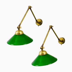 Brass Wall Lights with Green Glass Lampshades, Set of 2-TCS-1783674