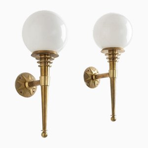 Brass Wall Sconces with Milky Glass by Tommaso Buzzi, 1940s, Set of 2-OHK-1786559