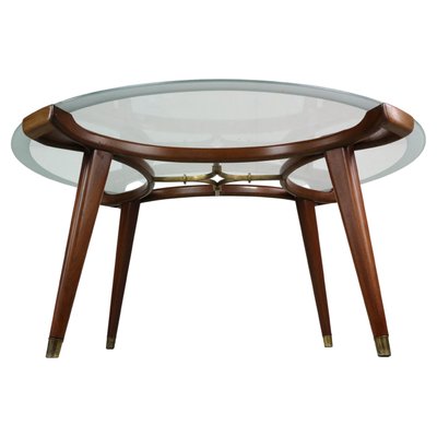 Brass, Wallnut, Round Glass Coffee Table attributed to William Watting for Fristho, 1950s-DT-2026280