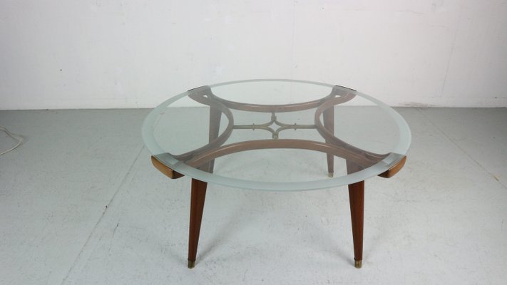 Brass, Wallnut, Round Glass Coffee Table attributed to William Watting for Fristho, 1950s-DT-2026280