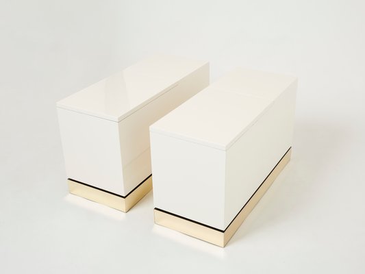 Brass White Lacquered Trunk End Tables by J.C. Mahey, 1970s, Set of 2-YJA-1100898