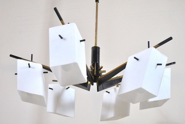 Brass, Wood, and Opaline Glass Pendant Lamp by Stilux, 1960s-JQO-626238