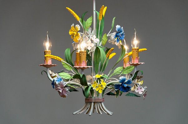 Bright Boho Chic Italian Tole Painted Metal Chandelier with Floral Decor, 1960s-JE-1738617