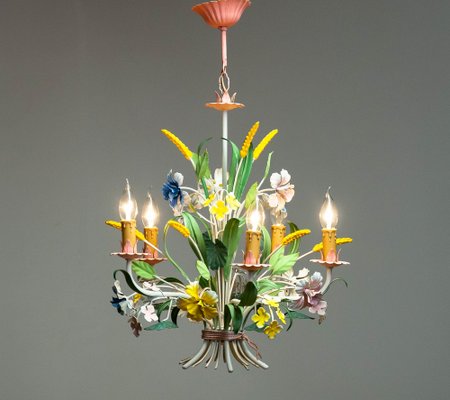 Bright Boho Chic Italian Tole Painted Metal Chandelier with Floral Decor, 1960s-JE-1738617