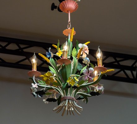 Bright Boho Chic Italian Tole Painted Metal Chandelier with Floral Decor, 1960s-JE-1738617