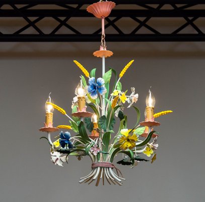 Bright Boho Chic Italian Tole Painted Metal Chandelier with Floral Decor, 1960s-JE-1738617