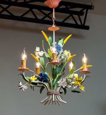 Bright Boho Chic Italian Tole Painted Metal Chandelier with Floral Decor, 1960s-JE-1738617