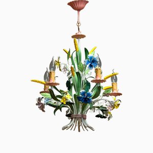 Bright Boho Chic Italian Tole Painted Metal Chandelier with Floral Decor, 1960s-JE-1738617