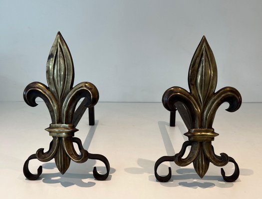 Bronze and Wrought Iron Lily Chenets, 1940s, Set of 2-BA-1784742