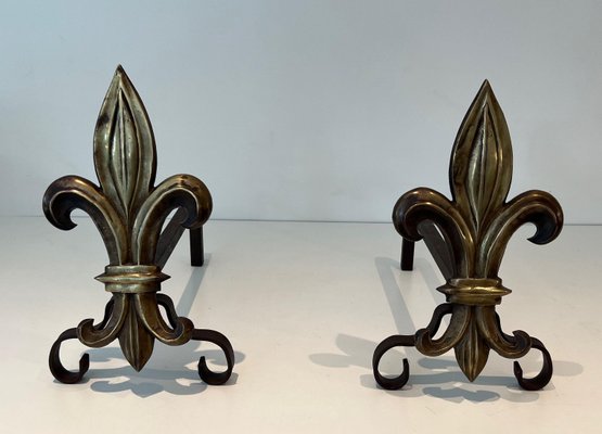 Bronze and Wrought Iron Lily Chenets, 1940s, Set of 2-BA-1784742