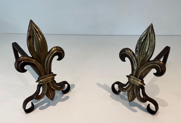 Bronze and Wrought Iron Lily Chenets, 1940s, Set of 2-BA-1784742