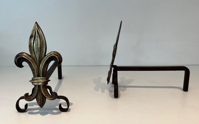 Bronze and Wrought Iron Lily Chenets, 1940s, Set of 2-BA-1784742