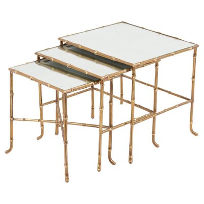 Bronze Bamboo Nesting Tables with Mirrors by Maison Baguès, France, Set of 3-SFD-942470