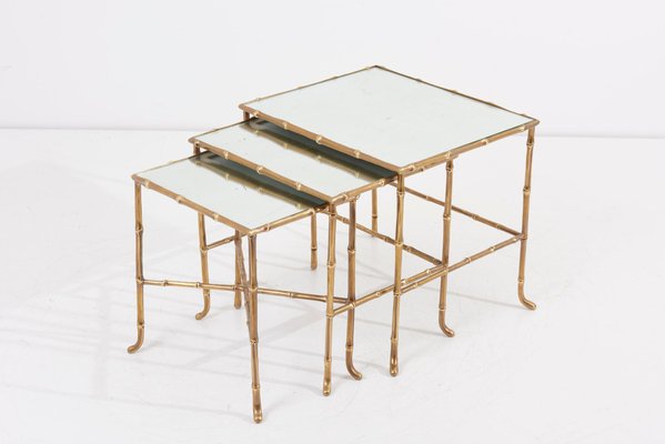 Bronze Bamboo Nesting Tables with Mirrors by Maison Baguès, France, Set of 3-SFD-942470