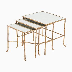 Bronze Bamboo Nesting Tables with Mirrors by Maison Baguès, France, Set of 3-SFD-942470