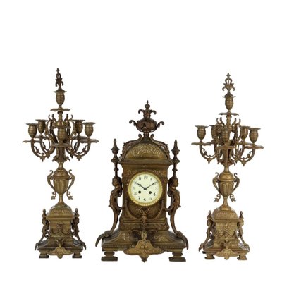 Bronze Clock with Candleholders, France, 19th Century, Set of 3-VMM-1310165