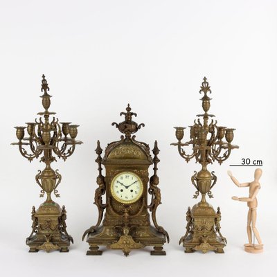 Bronze Clock with Candleholders, France, 19th Century, Set of 3-VMM-1310165