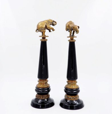 Bronze Elephants on Porcelain Columns with Bronze Borders by Wong Lee, Set of 2-JG-1785220