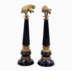 Bronze Elephants on Porcelain Columns with Bronze Borders by Wong Lee, Set of 2-JG-1785220