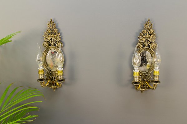 Bronze Floral Mirrored Wall Sconces, Set of 2-KEG-1086638