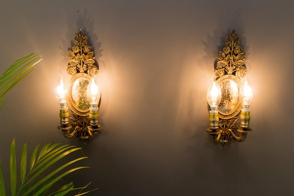 Bronze Floral Mirrored Wall Sconces, Set of 2-KEG-1086638