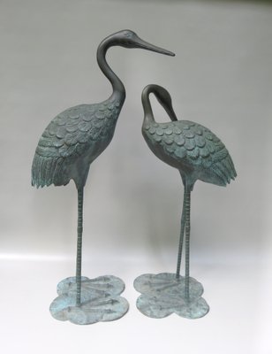 Bronze & Green Patinated Crane Sculptures, 1970s, Set of 2-EY-989533