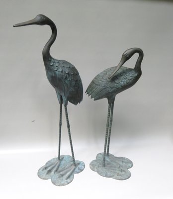 Bronze & Green Patinated Crane Sculptures, 1970s, Set of 2-EY-989533