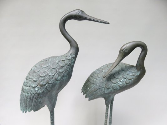 Bronze & Green Patinated Crane Sculptures, 1970s, Set of 2-EY-989533