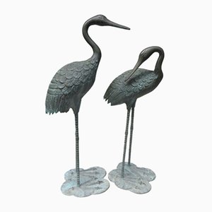 Bronze & Green Patinated Crane Sculptures, 1970s, Set of 2-EY-989533