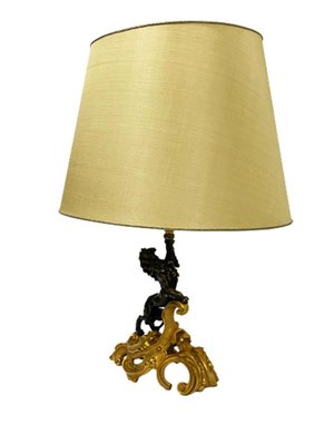 Bronze Lamp with Curled Leaf Gilded Base and Standing Lion-UCH-1226403