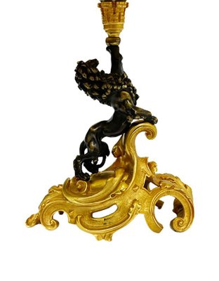 Bronze Lamp with Curled Leaf Gilded Base and Standing Lion-UCH-1226403