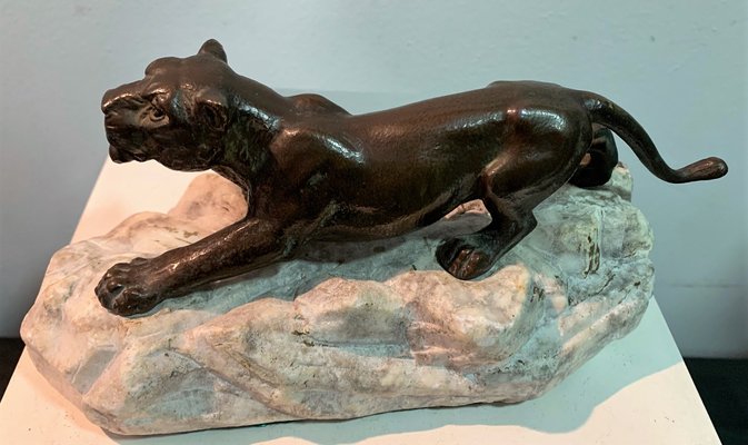 Bronze Lioness on Stone, 1930s-IKW-801003