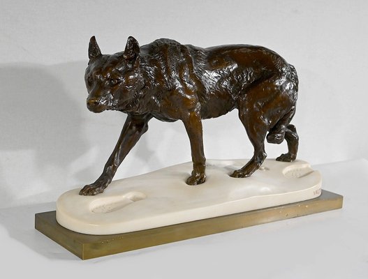 Bronze & Marble Wolf Walking in the Snow from Valton, 1800s-RVK-1406305