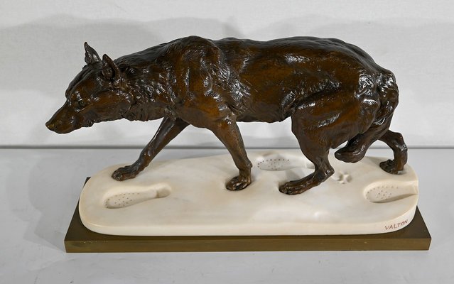 Bronze & Marble Wolf Walking in the Snow from Valton, 1800s-RVK-1406305