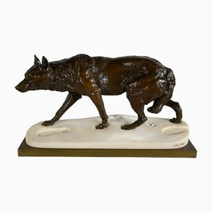 Bronze & Marble Wolf Walking in the Snow from Valton, 1800s-RVK-1406305