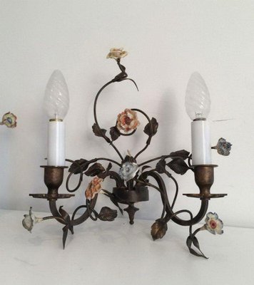 Bronze & Porcelain Wall Lamps with Flowers, 1920s, Set of 2-BA-1365656