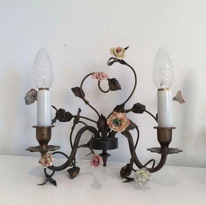 Bronze & Porcelain Wall Lamps with Flowers, 1920s, Set of 2-BA-1365656