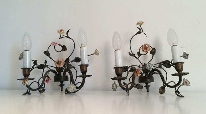 Bronze & Porcelain Wall Lamps with Flowers, 1920s, Set of 2-BA-1365656